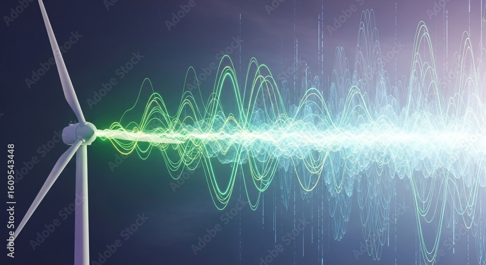Poster renewable energy production concept with wind turbine emitting vibrant abstract light waves and data