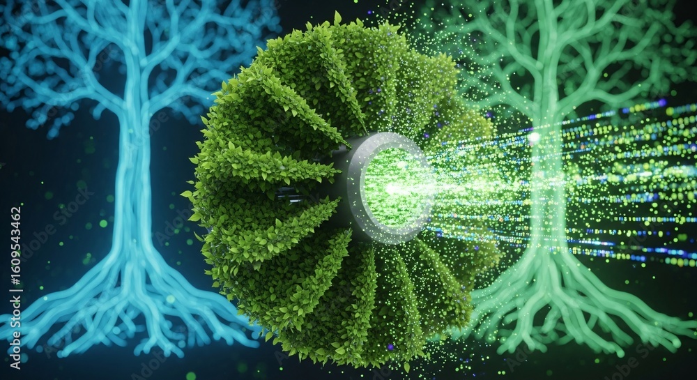 Poster conceptual illustration of sustainable energy data flow with abstract tree forms