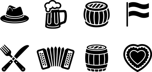 A collection of oktoberfest symbols including a hat, beer mug, barrels, flag, cutlery, accordion, and heart cookie