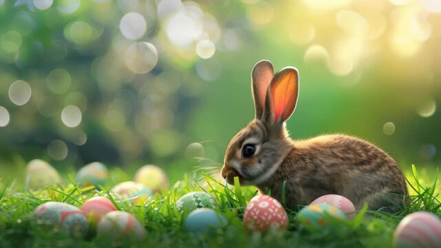 A close-up, eye-level shot of a rabbit surrounded by colorful Easter eggs on grass, with a bokeh background. Ideal for a spring-themed video. Live desktop wallpaper.