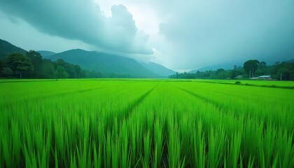 Fototapeta premium Lush green rice field stretches to meet distant mountains under a cloudy sky in a serene landscape