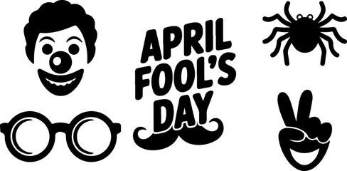 April fools day icons including a clown face, spider, glasses, mustache, and peace sign
