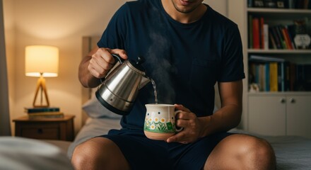 Man pouring hot water from kettle into mug in bedroom at home