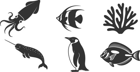 A collection of marine life silhouettes including a squid, narwhal, penguin, fish, and coral