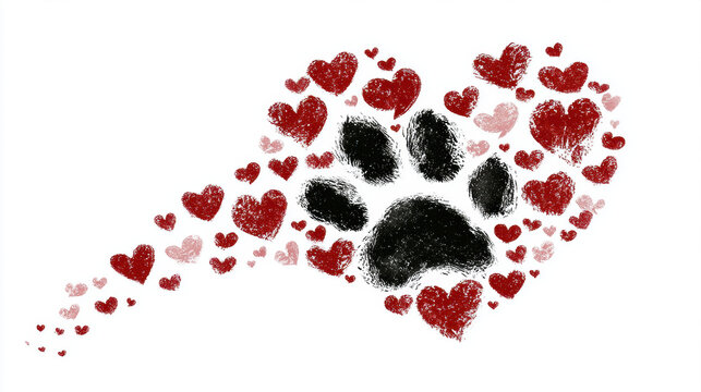 Romantic Heart-Shaped Composition with Animal Paw Print and Love Symbols