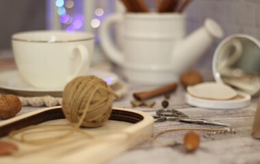 Knitting and a cup of coffee tea handmade art decor design retro style photo 