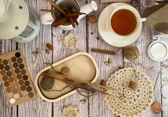 Cup of tea doily decor design crochet knitting woman's objects things on table cozy photo 