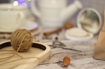 Knitting and a cup of coffee tea handmade art decor design retro style photo 