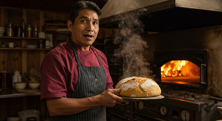 A baker proudly presents a freshly baked loaf of bread in front of a wood-fired oven, steam rising from the bread.