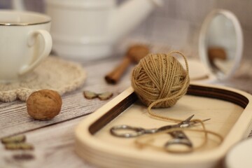 Knitting and a cup of coffee tea handmade art decor design retro style photo 