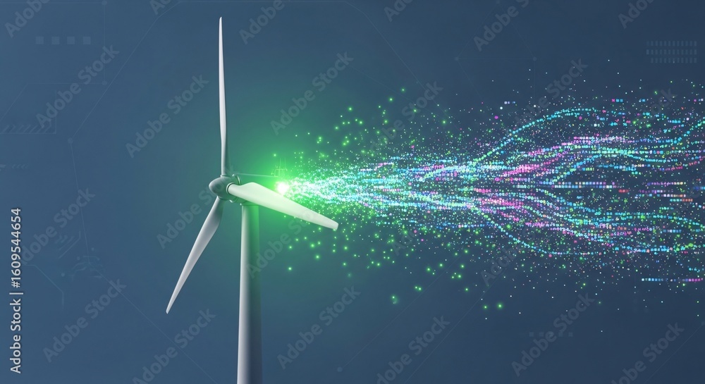 Poster wind turbine generating clean energy and digital data streams for a sustainable future.