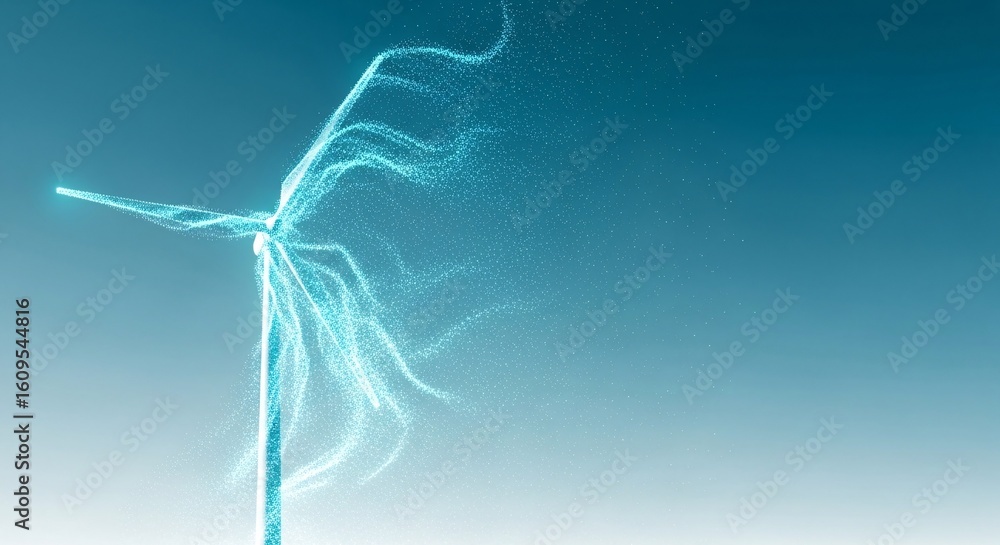 Poster abstract digital illustration of a glowing wind turbine with particle stream representing renewable 