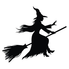 Silhouette of witch riding The Broom Isolated On White Background. Vector eps editable file Illustration