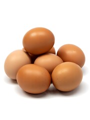 A pile of fresh brown chicken eggs on a white background
