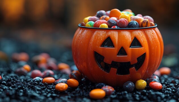 Orange Jack O Lantern bucket overflowing with colorful Halloween candies candy pumpkin