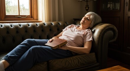 Senior woman resting on sofa with book in cozy, bright living room