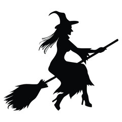 Silhouette of witch riding The Broom Isolated On White Background. Vector eps editable file Illustration