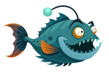 A humorous and colorful cartoon illustration of an anglerfish with a glowing lure, large eyes, and a wide mouth full of sharp teeth.