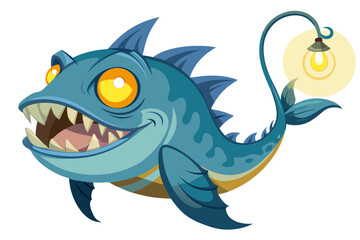 A humorous and colorful cartoon illustration of an anglerfish with a glowing lure, large eyes, and a wide mouth full of sharp teeth.