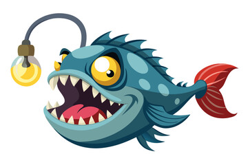 A humorous and colorful cartoon illustration of an anglerfish with a glowing lure, large eyes, and a wide mouth full of sharp teeth.