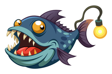 A humorous and colorful cartoon illustration of an anglerfish with a glowing lure, large eyes, and a wide mouth full of sharp teeth.