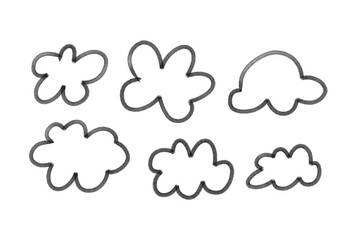 Hand Drawn Cloud Outlines Set, Black Doodle Clouds Isolated on Transparent Background
