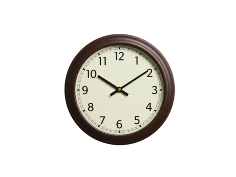classic round wall clock on white background showing ten past ten for time management concepts