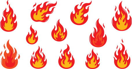 Cartoon Fire Flames Vector Set:  Hot, Fiery Icons on White