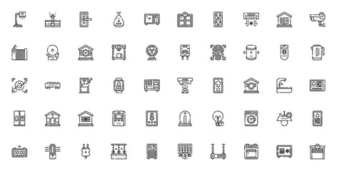 Smart home icon set. Domotics vector collection. Minimalist IoT device symbols including desk lamp, sprinkler, smart TV, robot vacuum, security camera, thermostat and more. Editable stroke.
