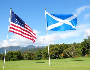 USA and Scotland Flags Flying on Golf Course Under Clear Sky
