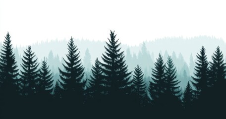 Obraz premium A modern illustration of a taiga view showcases a coniferous forest with firs and pines, complemented by a landscape of trees and grass, presented as a silhouette on a white background