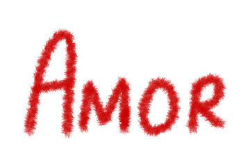 Handwritten Red AMOR Word Typography, Fluffy Furry Hairy Brush Text, Isolated on Transparent Background PNG
