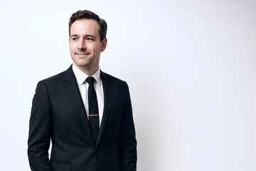 Fototapeta premium Confident businessman in sharp suit smiles thoughtfully against clean studio background