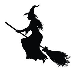 Silhouette of witch riding The Broom Isolated On White Background. Vector eps editable file Illustration