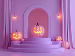 Pink and purple Halloween pumpkins on tiered display with curtains and lights jack o lantern
