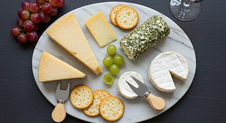 Elegant cheese board selection with grapes and crackers on a marble surface