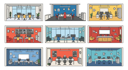 Obraz premium Modern professional office interiors showcasing diverse workspace layouts perfect for business environments and corporate design projects
