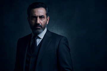 Fototapeta premium Confident businessman with distinguished beard looks intensely at camera in suit
