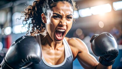 Intense female boxer in a boxing stance