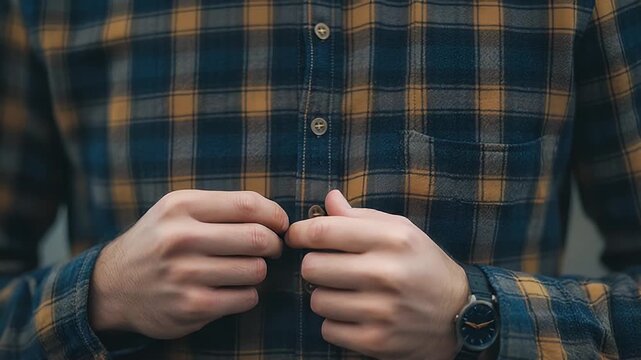 Man's hands buttoning a blue and yellow plaid flannel shirt, wearing a dark watch