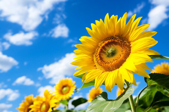Sunflowers reaching for the blue sky on a bright day - Powered by Adobe