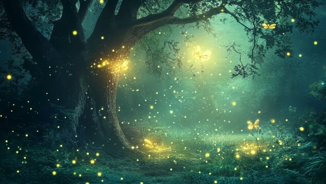 A mystical forest aglow with soft luminescence in the still of night