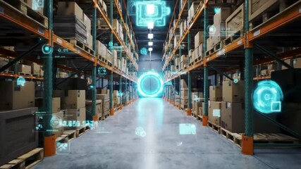 Smart Warehouse with Digital Data Overlay Inventory Tracking Efficiency Concept - Powered by Adobe