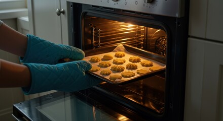 Hands place tray of cookies into hot oven with baking gloves