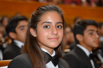 Flutist focused on performance in a youth orchestra setting