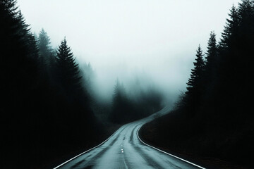Fog shrouds an empty road winding through dense trees