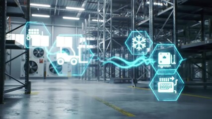 Cold Chain Logistics Futuristic Warehouse with Holographic Icons for Temperature Control, Inventory, and Shipping. - Powered by Adobe