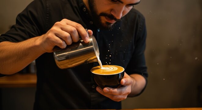 Barista creating latte art pouring milk in a coffee cup