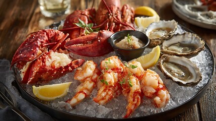 Seafood platter presents lobster, shrimp, and oysters on ice. Perfect for food blogs, restaurant menus, marketing materials, and websites.