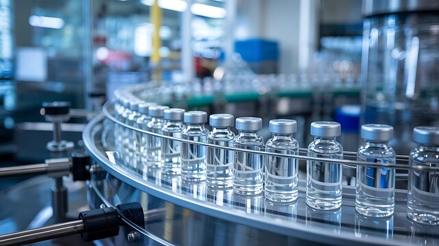 Modern pharmaceutical production line with rows of glass vials filled with clear liquid moving on a conveyor belt in a sterile manufacturing facility